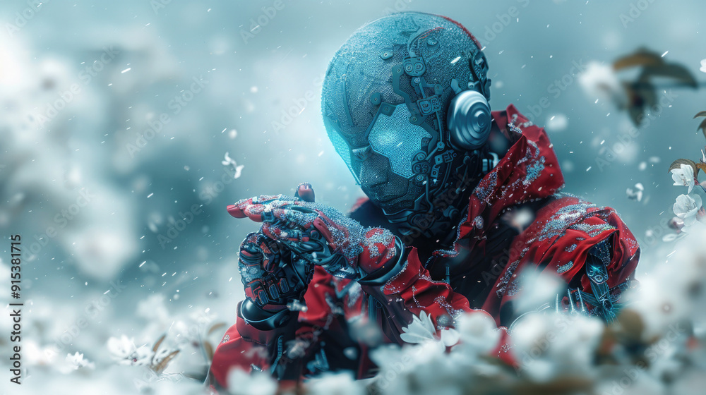 Japanese robot. Japan in futuristic theme. Multilayer color painting.