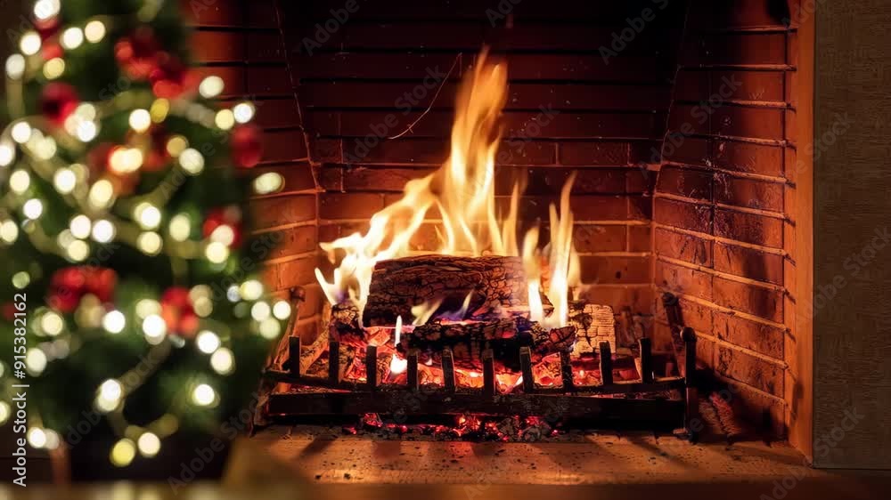 Christmas tree close up on burning fireplace background