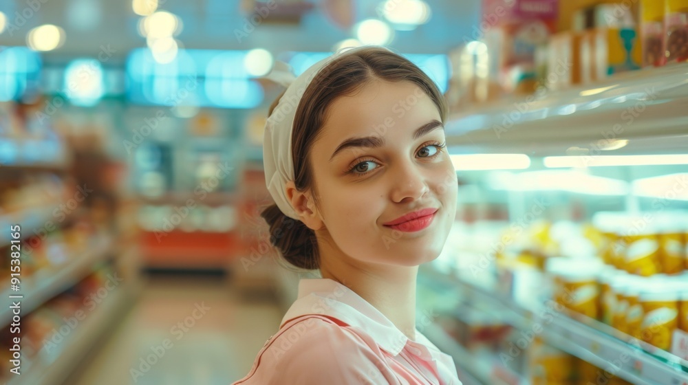 A woman wearing a white head scarf stands in a grocery store aisle A woman wearing a white head scarf stands in a grocery store aisle