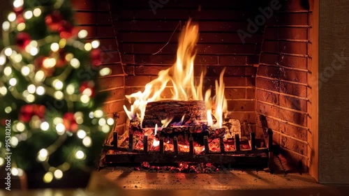 Christmas tree close up on burning fireplace background