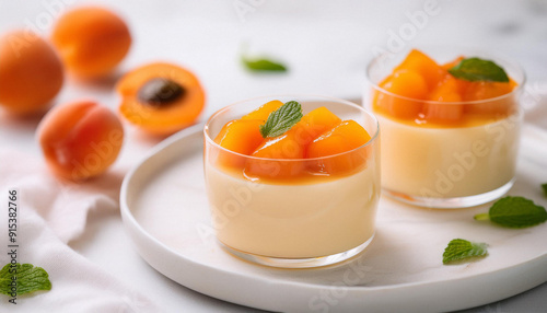 Pricots panna cotta mousse pudding with diced apricots pulp flesh topping white table background. ai generated
