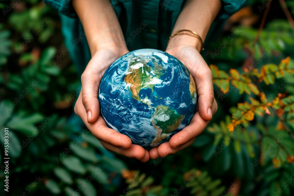 Earth held tenderly in human hands. Surrounded by lush green foliage and vibrant vegetation. Symbolizing the importance of protecting our planet, ecology and environment. Earth held tenderly in human hands. Surrounded by lush green foliage and vibrant vegetation. Symbolizing the importance of protecting our planet, ecology and environment.