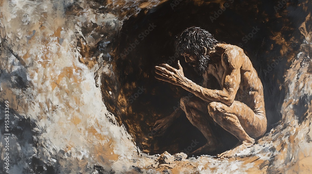 Caveman sits near fire in cave . bearded neanderthal man and bonfire on dark background, Caveman sits near fire in cave . bearded neanderthal man and bonfire on dark background,