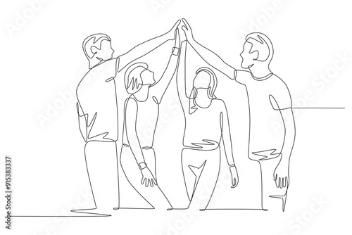 A community high-fiving each other. Community concept one-line drawing