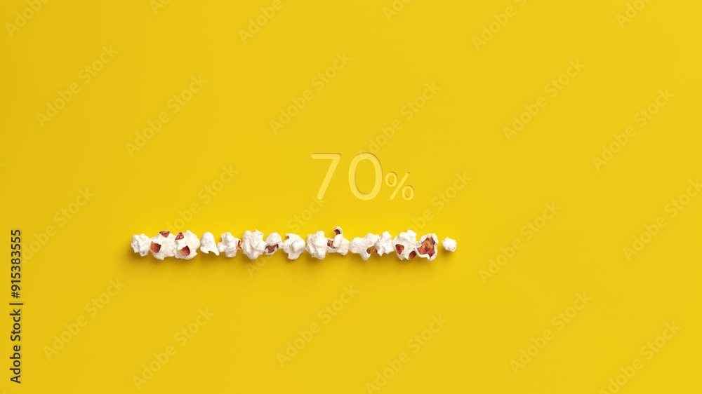 Loading bar 0-100 % animation of popcorn on yellow background. Popcorn progress bar for data upload, status info, transfer progress, installing application, loading percentage, downloading.