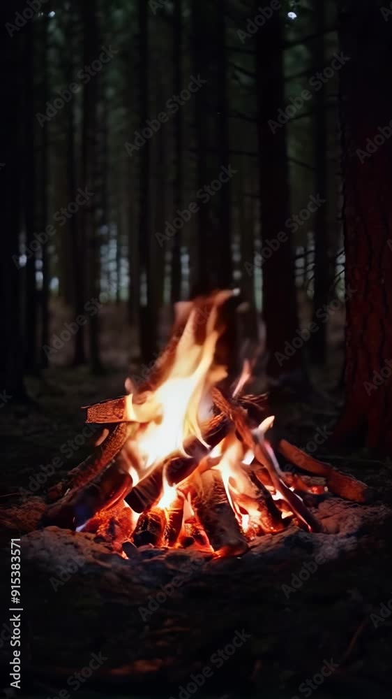 Campfire Burning in the Forest at Dusk with a Unique Atmosphere
