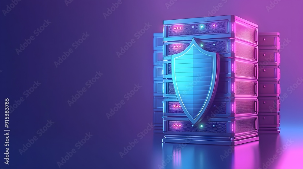 3D render of a server rack with a shield on a purple background, depicting data security and protection in a digital environment. 3D render of a server rack with a shield on a purple background, depicting data security and protection in a digital environment.