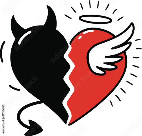 A heart that is split into two halves devil and angel illustration