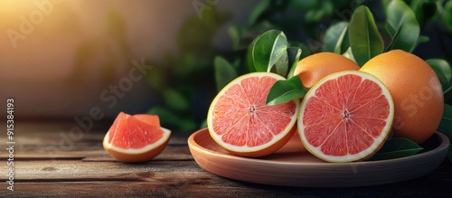 Plate and bowls containing fresh pomelo fruits on a wooden surface. with copy space image. Place for adding text or design photo