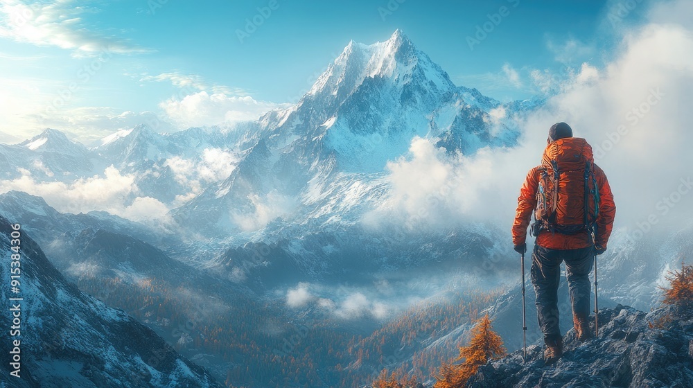 Outdoor adventure scene with hikers climbing a rugged mountain, exhilarating experience Outdoor adventure scene with hikers climbing a rugged mountain, exhilarating experience