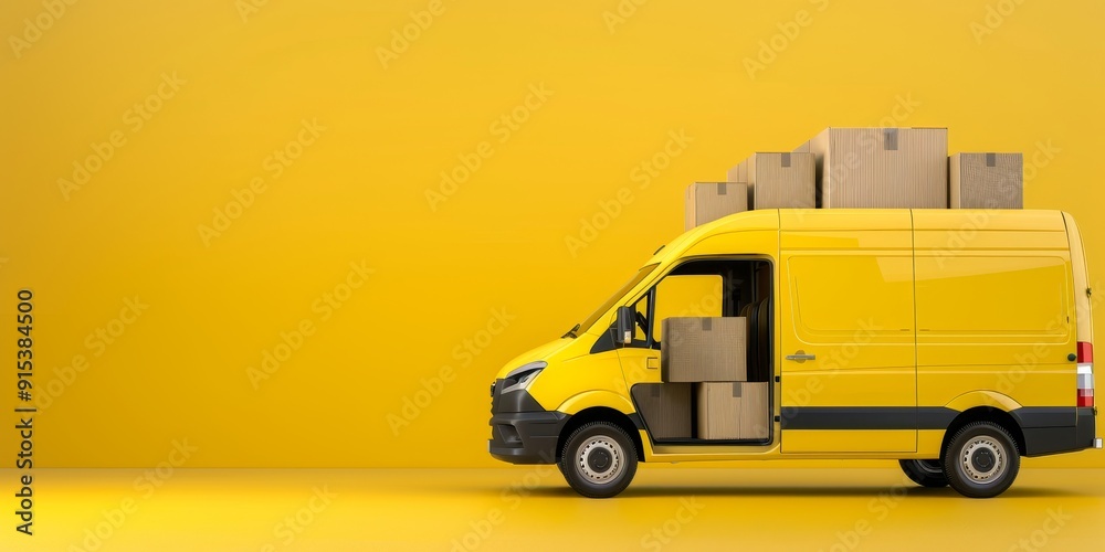 Van with Open Door and Cardboard Boxes - Yellow Background Van with Open Door and Cardboard Boxes - Yellow Background
