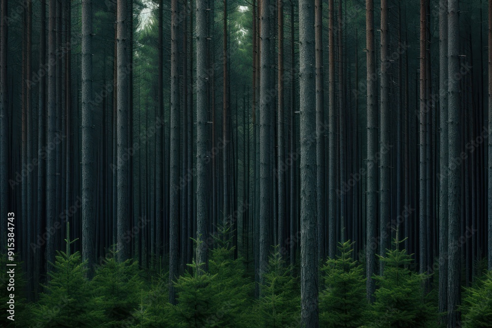 Naklejka premium Deep pine forest background vegetation outdoors woodland.