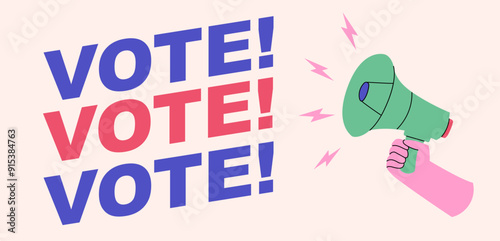 Vote banner hand holding voting megaphone modern colorful style isolated for social media, post, banner, poster
