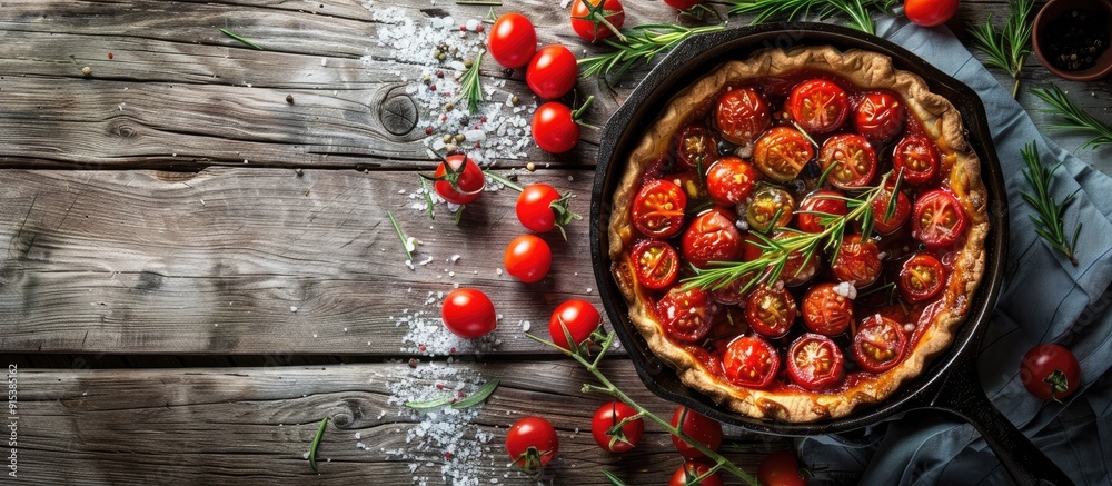 Top view of a vegetarian salted homemade pie featuring cherry tomatoes rosemary and sea salt in a vintage cast iron dish on a rustic wooden background vertical Healthy food. with copy space image Top view of a vegetarian salted homemade pie featuring cherry tomatoes rosemary and sea salt in a vintage cast iron dish on a rustic wooden background vertical Healthy food. with copy space image