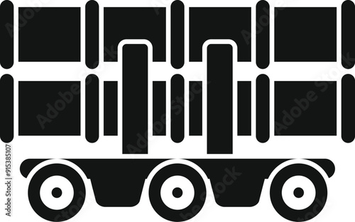 Black solid icon of a truck carrying metal pipes, representing construction material transportation