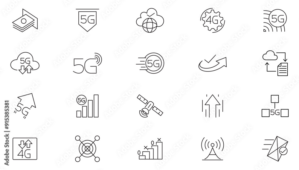 5G network line icon set. Signals, towers, bandwidth, routers connectivity, speed, fast, network, WiFi, 5g phone outline icon collection. UI thin line icon pack.