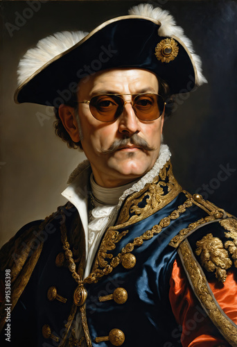 Renaissance-style painting portrait of a count in royal attire wearing sunglasses, Generative AI