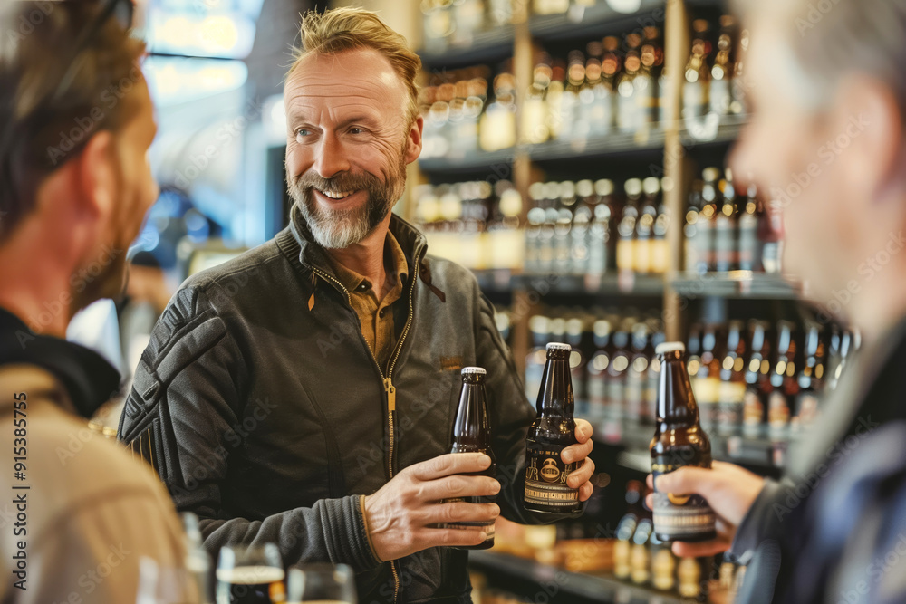 Smiling mature salesman is holding craft beer bottles while helping customers choosing from a large variety of products Smiling mature salesman is holding craft beer bottles while helping customers choosing from a large variety of products
