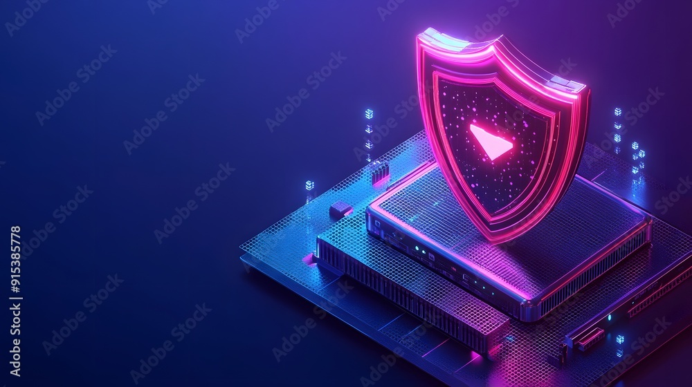 A neon shield icon representing digital security on a circuit board, glowing in pink and blue lighting, symbolizing cybersecurity technology. A neon shield icon representing digital security on a circuit board, glowing in pink and blue lighting, symbolizing cybersecurity technology.