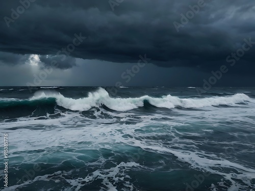 Dramatic seascape photograph featuring a turbulent ocean under a stormy sky. The layout is horizontal, capturing the vast expanse of the sea and sky