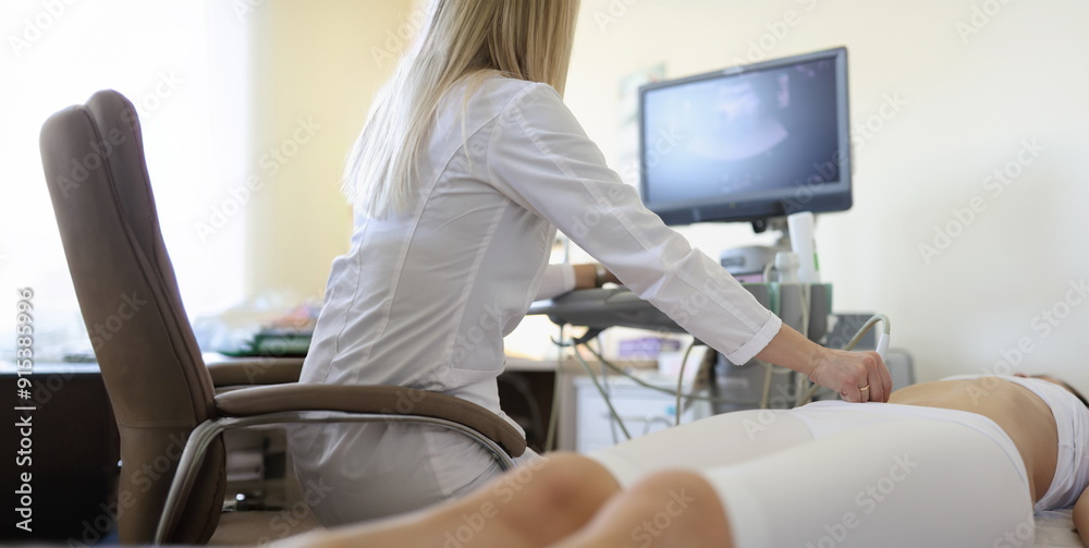 Woman doctor makes an ultrasound of the abdomen of a woman, rear view. Clinical consultation and diagnosis of diseases