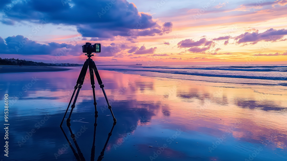 Camera on a tripod is capturing a beautiful sunset over the ocean, with the sky a canvas of vibrant colors Camera on a tripod is capturing a beautiful sunset over the ocean, with the sky a canvas of vibrant colors