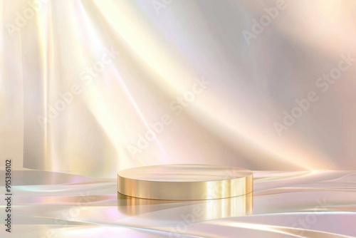 Iridescent Pearl Glamour Display, an elegant scene featuring a pedestal showcasing a cosmetic product, highlighted by soft golden geometric lines on a reflective surface.