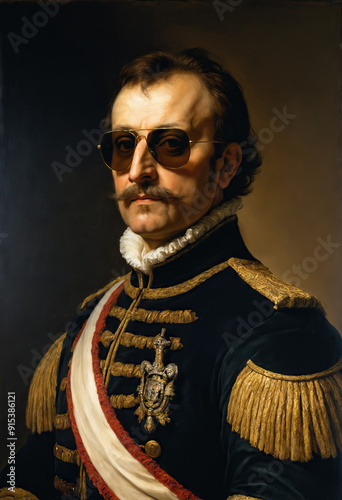 Renaissance-style painting portrait of a count in royal attire wearing sunglasses, Generative AI