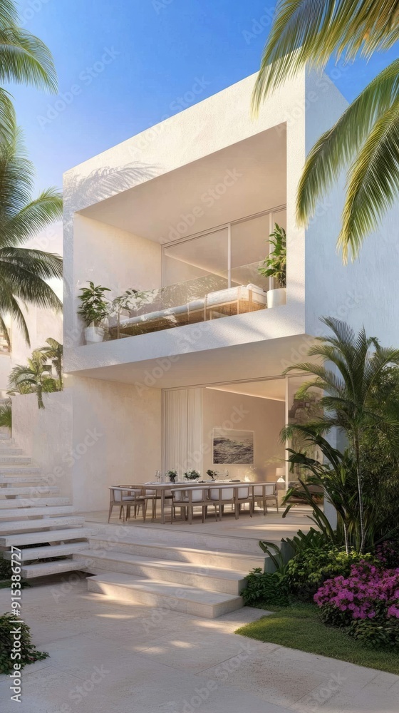 A spacious living room with high ceilings showcases a contemporary design, large windows revealing trees, and a sleek staircase leading to the upper level A spacious living room with high ceilings showcases a contemporary design, large windows revealing trees, and a sleek staircase leading to the upper level