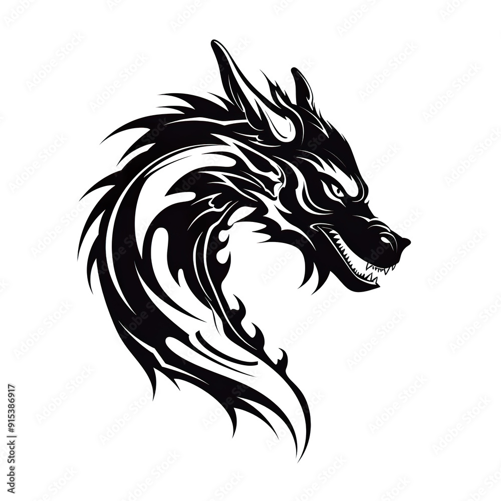 Fototapeta premium Black and White Tribal Wolf Head with Sharp Teeth and Detailed Fur.