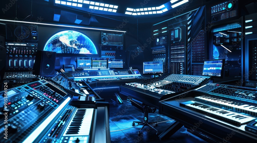 Futuristic Music Studio with Blue Lighting. Futuristic Music Studio with Blue Lighting.