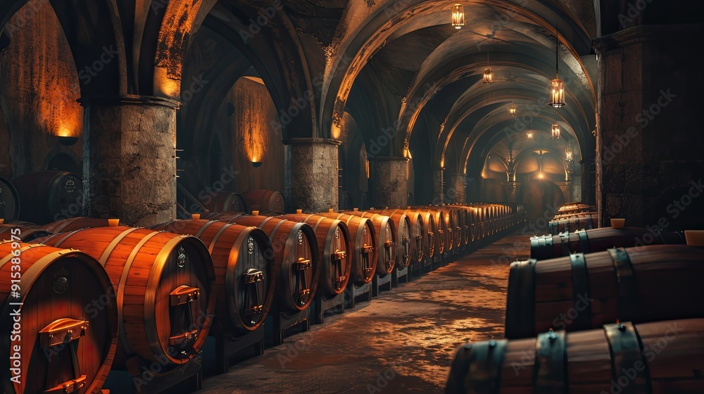 Exploring a historic wine cellar with illuminated barrels and stone arches Exploring a historic wine cellar with illuminated barrels and stone arches