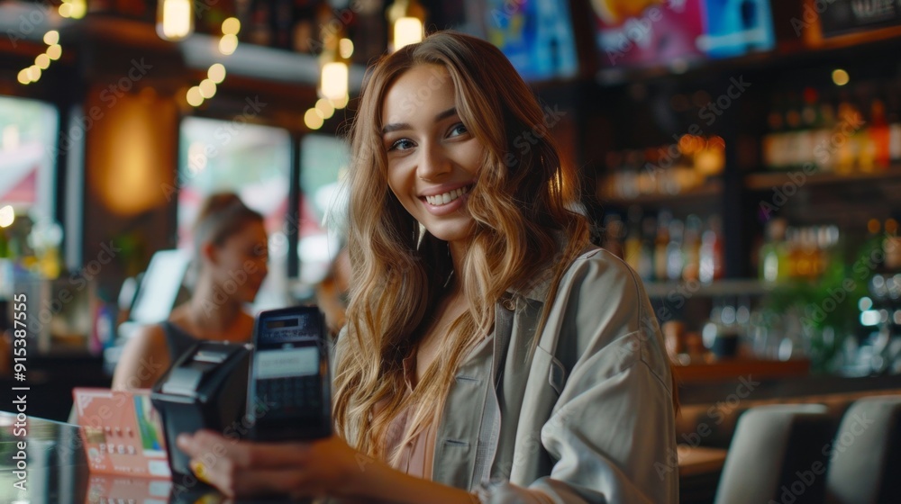 A woman is smiling and holding a credit card reader A woman is smiling and holding a credit card reader