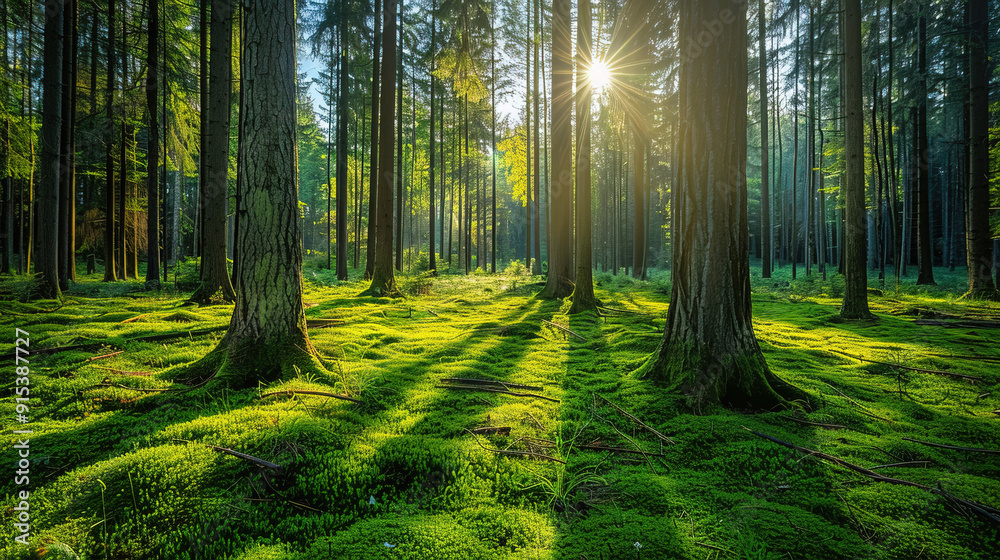 Obraz premium The view of forest with sunrise between the tree