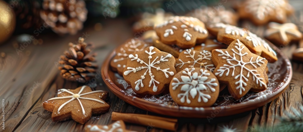 Plate of delicious holiday Gingerbread Cookies on a wooden table Merry Christmas and Happy New Year card. with copy space image. Place for adding text or design Plate of delicious holiday Gingerbread Cookies on a wooden table Merry Christmas and Happy New Year card. with copy space image. Place for adding text or design