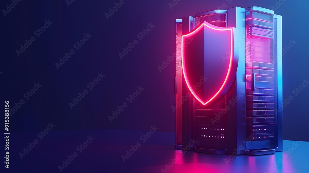 Cybersecurity concept with a neon shield protecting a server rack on a dark background, symbolizing data protection and network security. Cybersecurity concept with a neon shield protecting a server rack on a dark background, symbolizing data protection and network security.