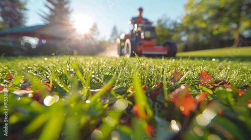 A professional landscaper in action with a commercial lawnmower, close-up of the uniform and machinery, vibrant green lawn, sunny weather, detailed and realistic, hd quality, soft focus,