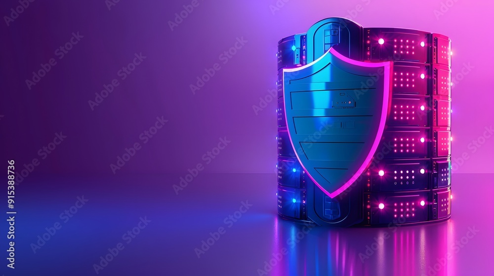 Cybersecurity concept with shield and server, glowing neon colors, representing data protection and digital security. Cybersecurity concept with shield and server, glowing neon colors, representing data protection and digital security.