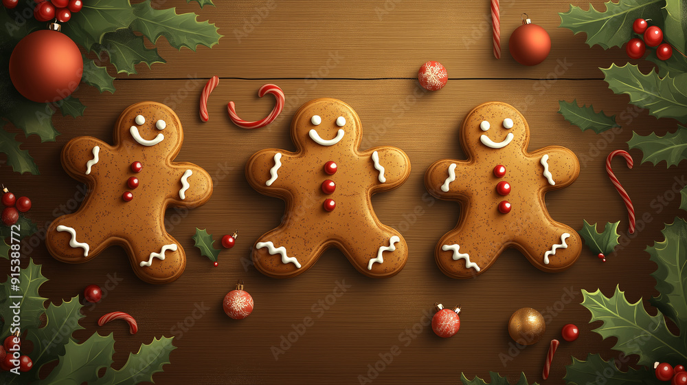 Festive Christmas Gingerbread Cookies with Holly Leaves on Wooden Background for Holiday and Seasonal Celebration Themes Festive Christmas Gingerbread Cookies with Holly Leaves on Wooden Background for Holiday and Seasonal Celebration Themes