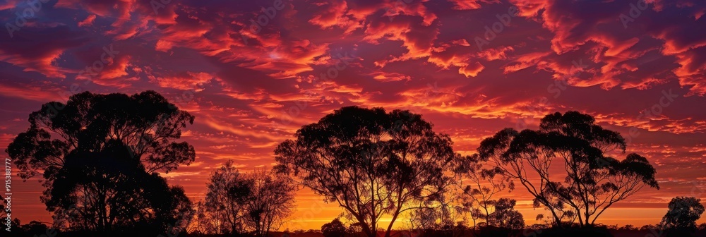 Silhouetted Trees Against Red and Orange Sunlight Reflecting on Wispy Layered Clouds Silhouetted Trees Against Red and Orange Sunlight Reflecting on Wispy Layered Clouds