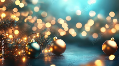 Sparkling Christmas lights with ornaments, blank space for text.