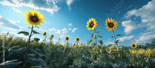 Sunflowers blossoming on tr...