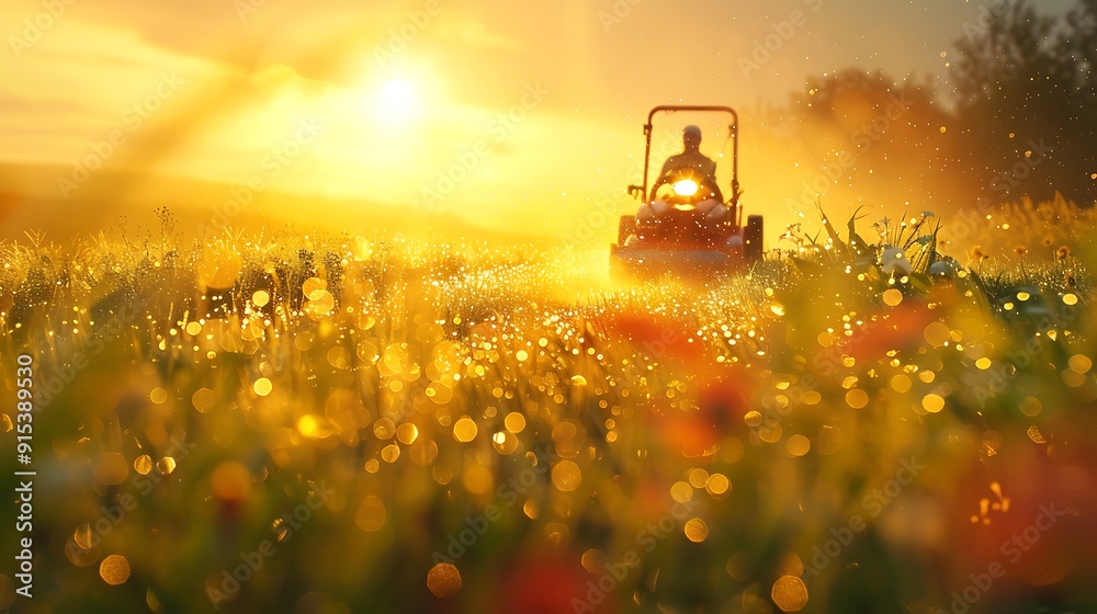 A sunrise view of a lawnmower slicing through dew-covered grass, with the sun's rays creating a golden mist, peaceful morning scene, hd quality, realistic lighting, soft focus, A sunrise view of a lawnmower slicing through dew-covered grass, with the sun's rays creating a golden mist, peaceful morning scene, hd quality, realistic lighting, soft focus,