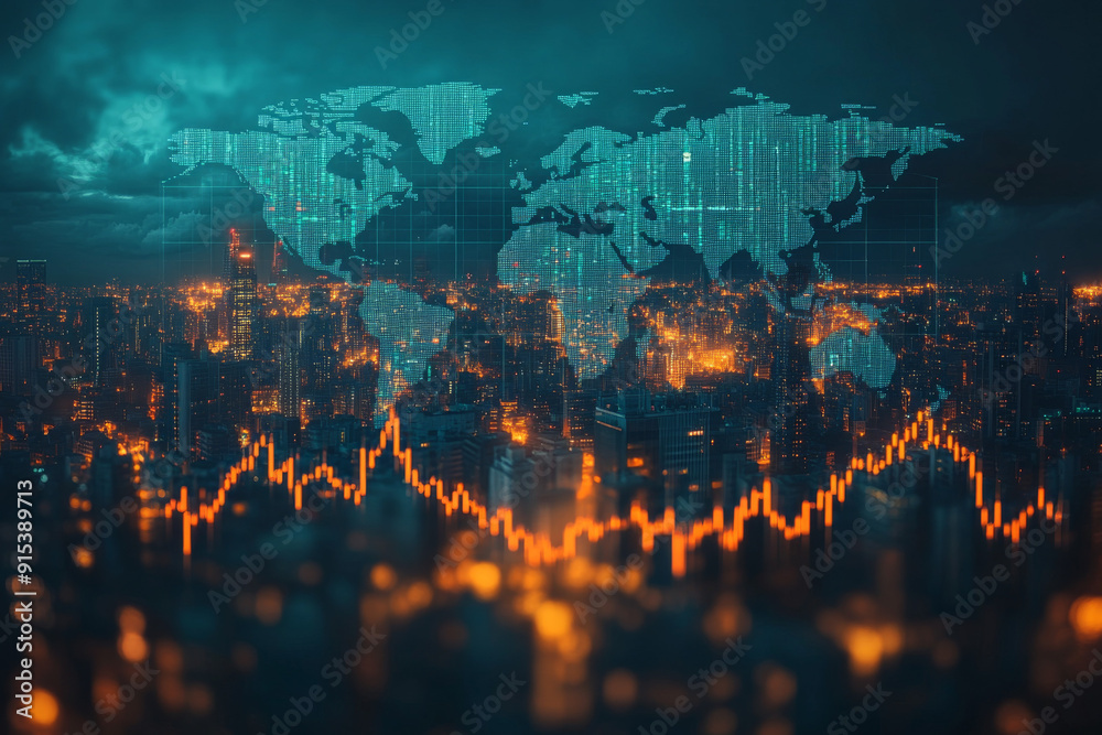 Fototapeta premium The background is the world map, with financial charts and stock market graphics. In front of it stands an upward arrow pointing upwards.