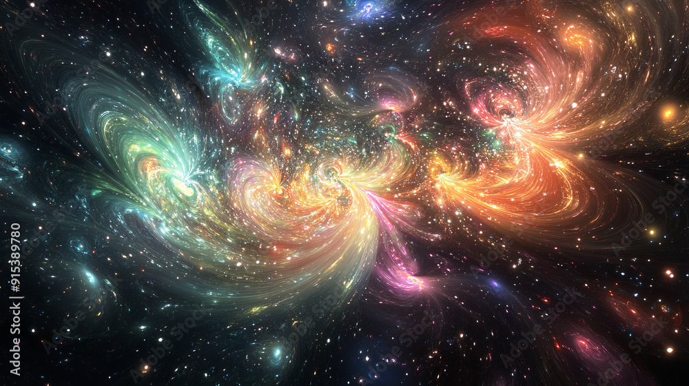 Multi-layered fractal design with vibrant, shifting colors, expanding and contracting against a backdrop of infinite, black space dotted with clusters of bright stars and swirling galaxies Multi-layered fractal design with vibrant, shifting colors, expanding and contracting against a backdrop of infinite, black space dotted with clusters of bright stars and swirling galaxies