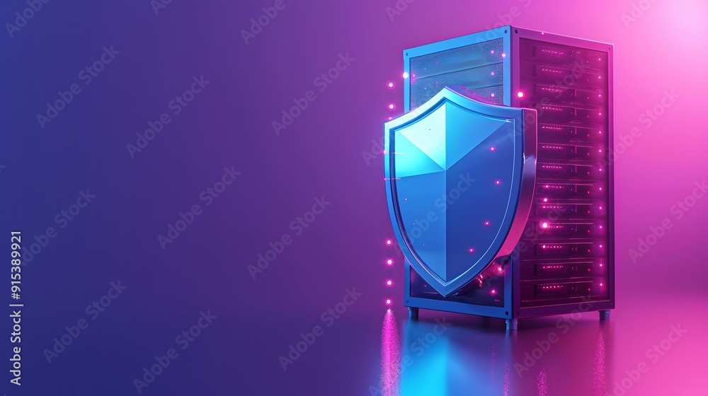 Data server room protected by a shield icon, representing cybersecurity and data protection in a vibrant, futuristic setting. Data server room protected by a shield icon, representing cybersecurity and data protection in a vibrant, futuristic setting.