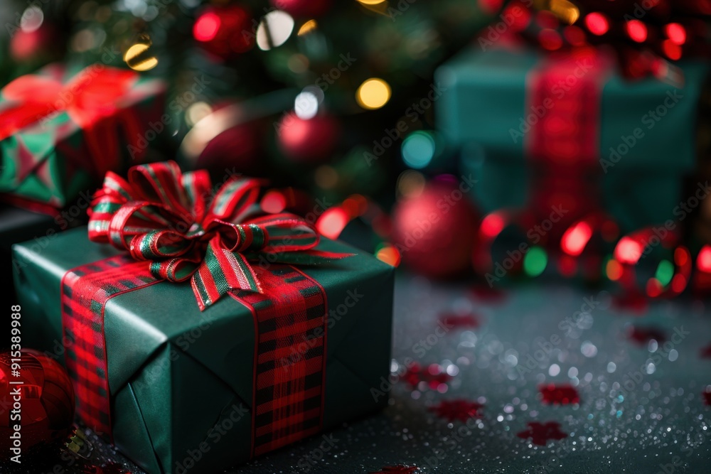 Green Christmas Presents with Red Plaid Ribbons: A Cozy and Festive Holiday Display with Traditional Charm Green Christmas Presents with Red Plaid Ribbons: A Cozy and Festive Holiday Display with Traditional Charm
