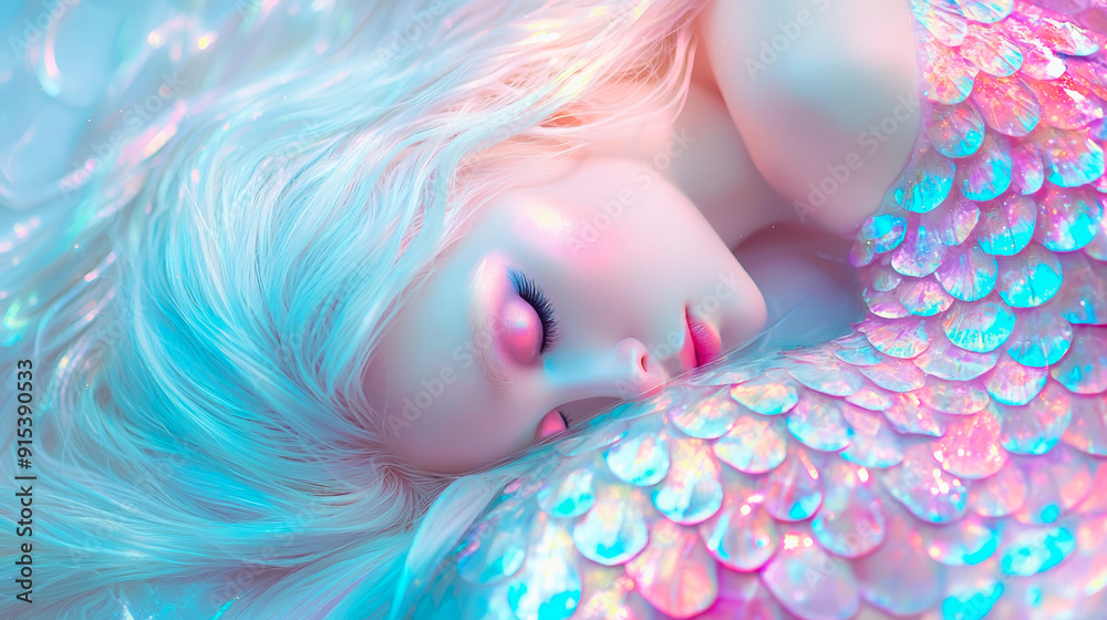 Dreamy portrait of a woman with pastel makeup, holographic glitter, and iridescent scales, creating a fantasy and ethereal look. Dreamy portrait of a woman with pastel makeup, holographic glitter, and iridescent scales, creating a fantasy and ethereal look.