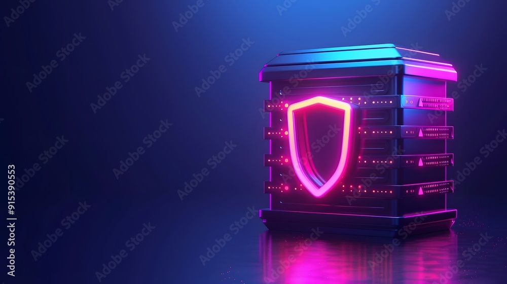 Digital data security concept with a 3D neon shield on server. Modern cybersecurity, technology protection, safety in a glowing environment. Digital data security concept with a 3D neon shield on server. Modern cybersecurity, technology protection, safety in a glowing environment.