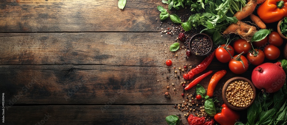 Various vegetables seeds and fruits on a wooden table with space for text Healthy eating. with copy space image. Place for adding text or design Various vegetables seeds and fruits on a wooden table with space for text Healthy eating. with copy space image. Place for adding text or design
